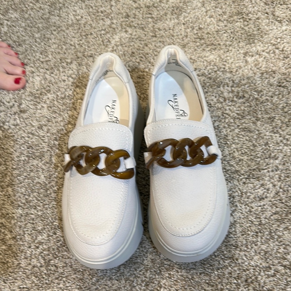 Naked Feet White and Brown Flats with Chain Accent